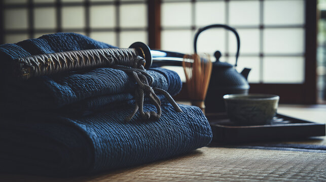 hakama. A neatly folded deep blue hakama and bamboo sword on tatami mat flooring. event programs, museum guides, designed for cultural heritage projects and event programs, supports education.