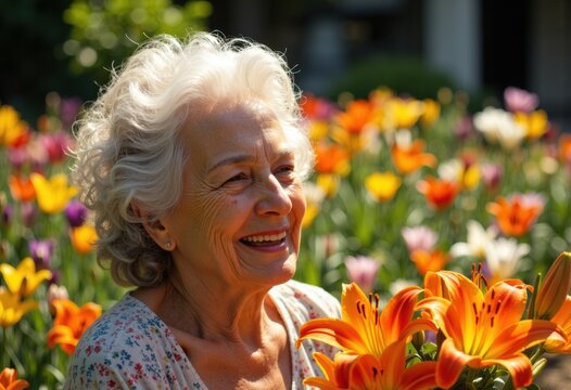 Woman smiling among orange lilies in a sunny garden reflecting giga concept