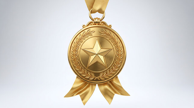 3d rendering of a shiny gold medal with a star symbol and laurel wreath, featuring decorative ribbons hanging from the bottom