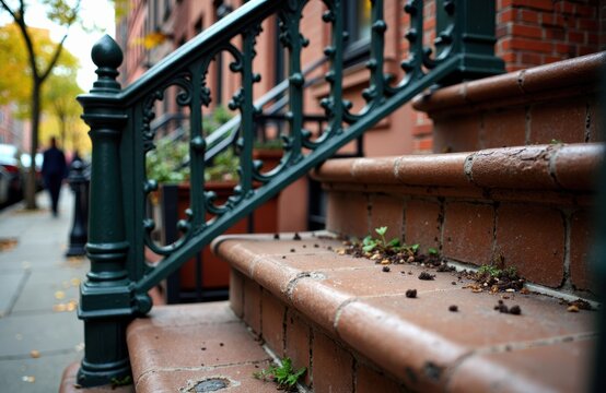Brownstone stoop with ornate iron railing and scattered leaves on steps