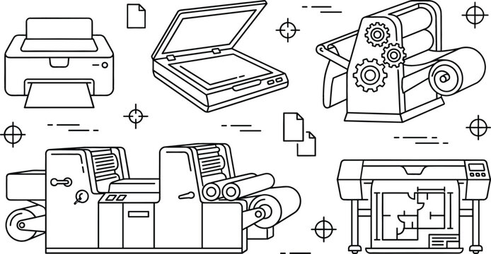Printing press and office equipment icons set with scanner plotter inkjet printer rollers machinery linear outline vector sketch