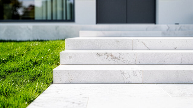 Stunning new marble steps installed leading to contemporary home, perfect example of home improvement project with green lawn