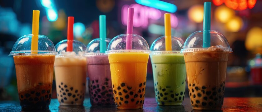 Fileira de bebidas coloridas de bubble tea com p&eacute;rolas de tapioca e canudos em copos de pl&aacute;stico no balc&atilde;o de um caf&eacute;, fundo neon vibrante e desfocado