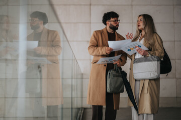 Obraz premium Two professionals review business reports and charts while standing in a glass-lined corridor. They discuss findings and plans while holding printed documents and bags.