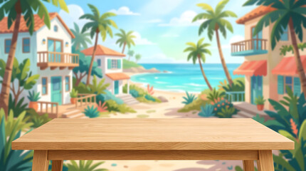 Fototapeta premium Empty wooden table top on blurred tropical beach resort background with palm trees and ocean for product display
