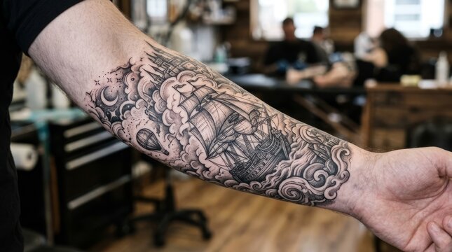 Intricate Tattoo of Sailing Ship in Stormy Seas on Arm