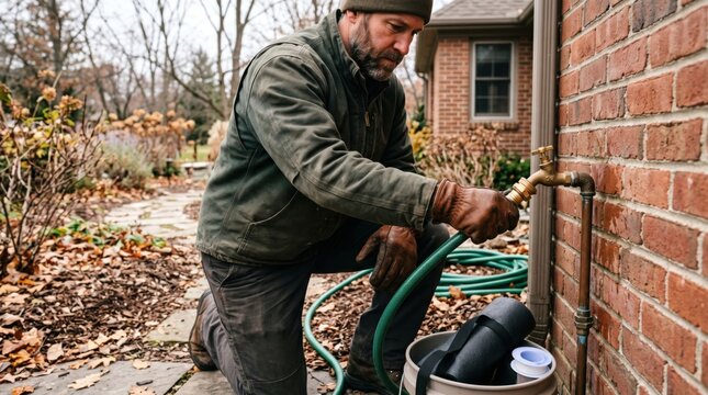 Homeowner winterizes irrigation system by disconnecting hose from outdoor tap, showing frost prevention and seasonal watering maintenance.