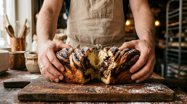 Baker hands tearing fresh chocolate babka pastry