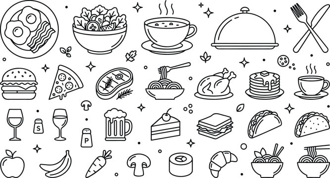 Restaurant food and dinner menu icons set with burger pizza salad steak chicken soup linear outline doodle vector