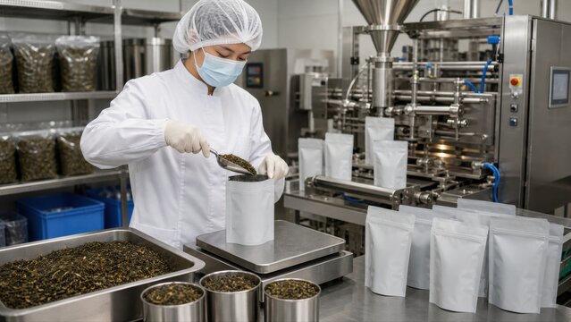 Worker monitoring tea pouch filling and sealing operation, highlighting beverage ingredient processing and professional factory standards.