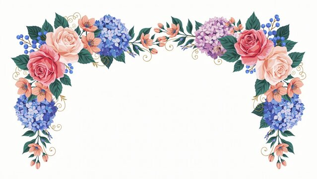 Watercolor flower arch with roses and hydrangeas isolated on white background