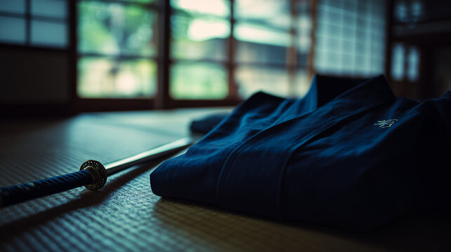 hakama. A neatly folded deep blue hakama and bamboo sword on tatami mat flooring. event programs, museum guides, designed for cultural heritage projects and event programs, supports education.
