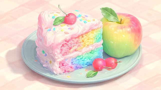 Colorful rainbow cake slice served with fresh and cherries colorful homemade