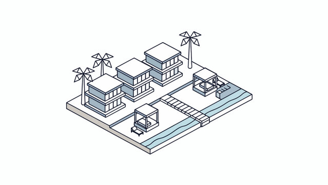 An isometric illustration of a modern tropical resort with palm trees and water