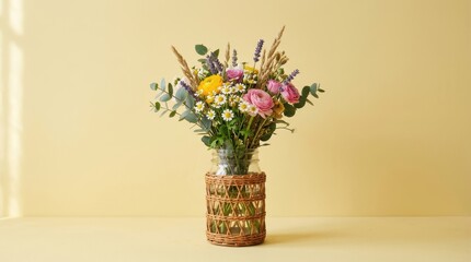 Obraz premium Beautifully Arranged Fresh Wildflower Bouquet in a Rustic Vase on a Soft Yellow Background.