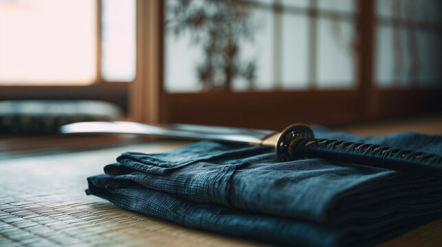 hakama. A neatly folded deep blue hakama and bamboo sword on tatami mat flooring. event programs, museum guides, designed for cultural heritage projects and event programs, supports education.