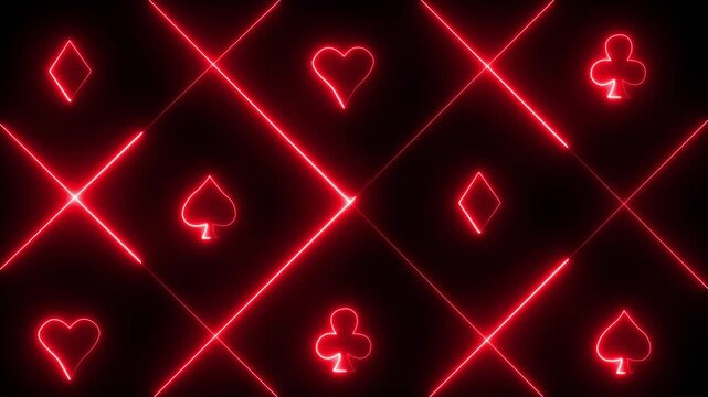 neon spade suit or symbol of playing card, 4k gambling animation. Neon playing cards glowing on black background. Abstract animation background. Concept of online casino and bet.