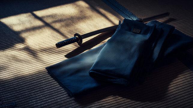 hakama. A neatly folded deep blue hakama and bamboo sword on tatami mat flooring. event programs, museum guides, designed for cultural heritage projects and event programs, supports education.