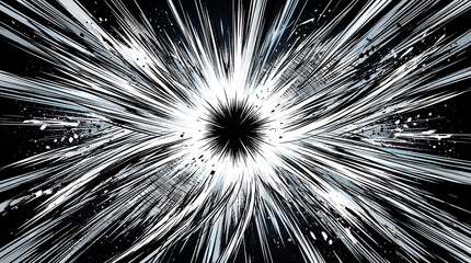 Obraz premium Abstract monochrome explosion featuring sharp radiating lines and ink splatters on a deep dark surface