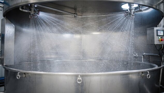 Medium shot focusing on acid rinse phase of CIP cleaning system with fixed spray balls spraying tanks highlighting corrosion control and precision in programmable cleaning cycles.