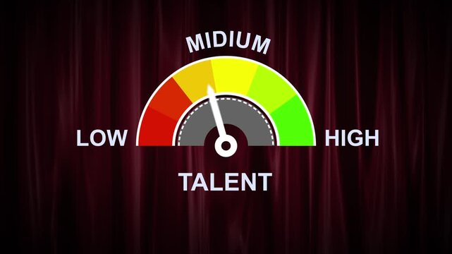 A colorful gauge talent levels from low to with a needle pointing towards medium on a black background. talent level text or word low and medium to high meter concept.