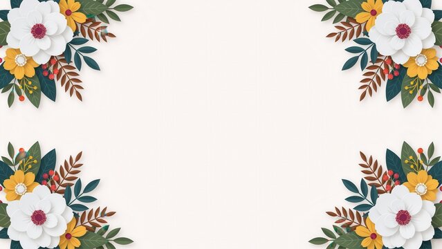 Paper cut floral border with white and yellow flowers on cream background
