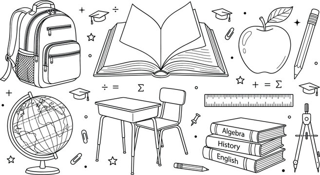 School supplies and education icons set with backpack open book desk globe textbooks ruler pencil outline doodle vector
