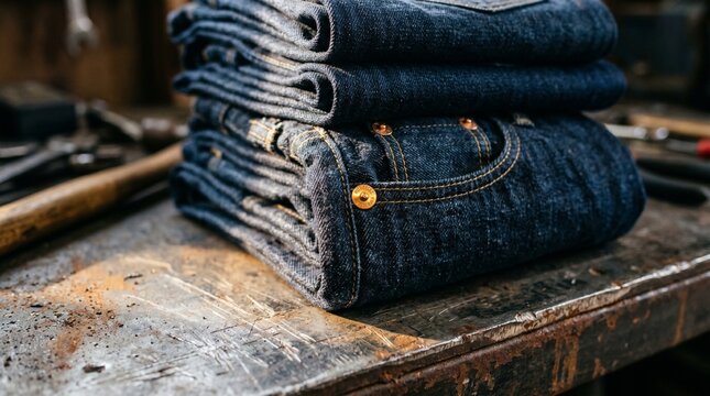 Stack of finished raw denim jeans in industrial workshop setting