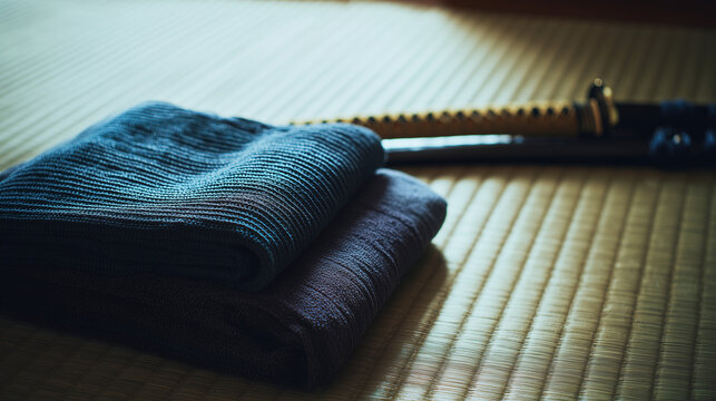 hakama. A neatly folded deep blue hakama and bamboo sword on tatami mat flooring. event programs, museum guides, designed for cultural heritage projects and event programs, supports education.