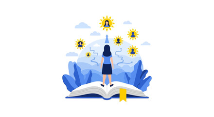 Fototapeta premium Professional Development and Education Concept: Woman Standing on Open Book Choosing Career Path Through Mentorship and Social Networking