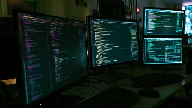Multiple computer screens displaying source code in a modern development workspace, software development or cybersecurity activities