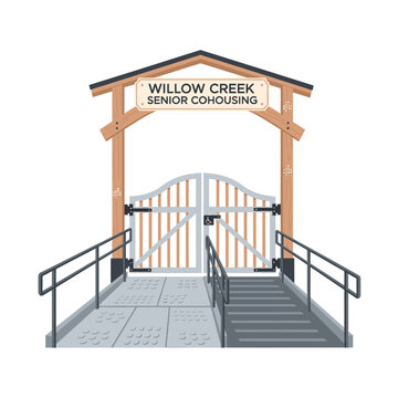 Willow Creek Senior Cohousing Community Gate and Entrance Design with Wooden Fencing and Pathway