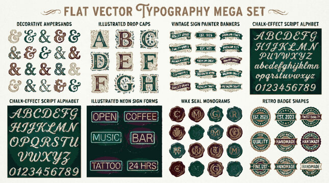 Flat vector typography mega set with vintage decorative elements