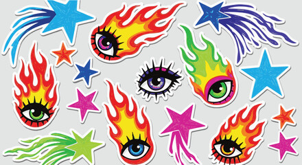 A vibrant collection of retro-futuristic stickers featuring psychedelic flaming eyeballs, blazing comets, and colorful shooting stars. © Moahmmad