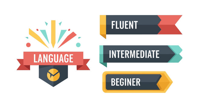 Language Proficiency Level Badges and Banner Icons Set - Fluent Intermediate Beginner Education Graphics