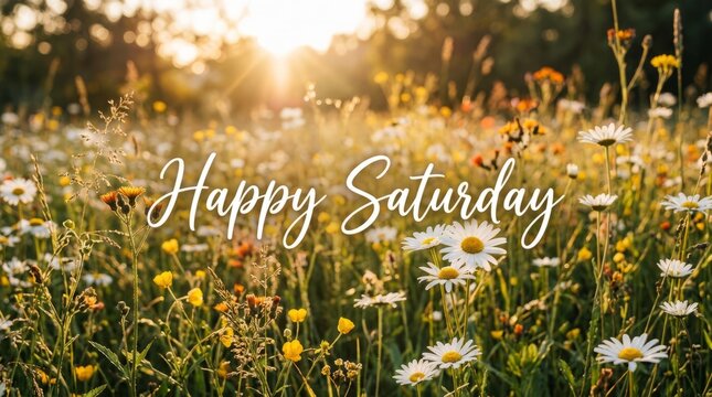 Happy Saturday text overlay on a sunlit field of wildflowers, daisies, and grass.