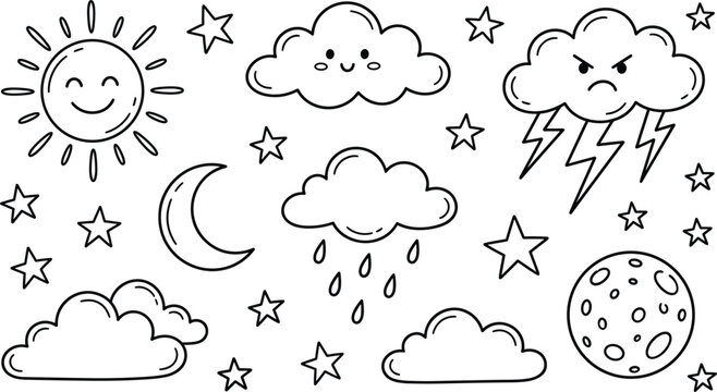 Cute weather doodle set featuring kawaii sun moon stars happy rain and angry storm clouds coloring page vector illustration on white background