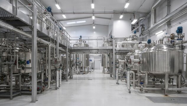 Medium shot of a polymerization reactor hall featuring large stirred batch reactors intricate piping and elevated process platforms in a clean industrial environment.