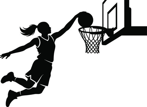 Female basketball player dunking silhouette vector