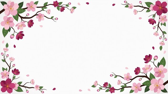 Cherry blossom flower branch frame border isolated on white background