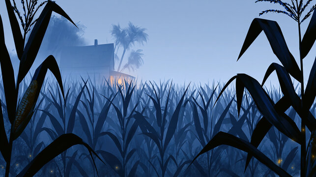 Misty evening scene with tall cornfield and distant house