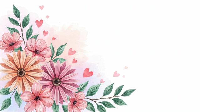 Watercolor floral corner border with pink flower and heart isolated on white background