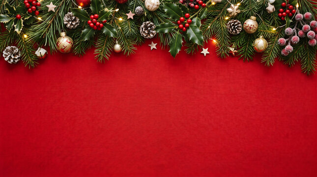 Christmas background with fir tree branches, pine cones, holly berries and christmas decorations on a red textured background