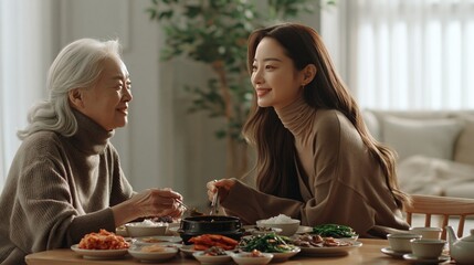 Fototapeta premium Intergenerational bond: Young woman shares a meal and conversation with her elder grandmother at home