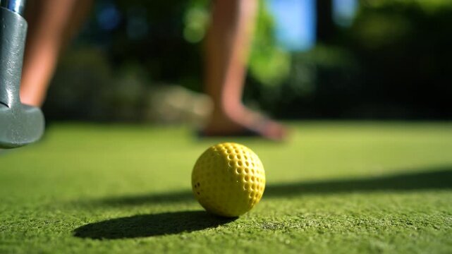 Person hitting yellow golf ball on green grass with putter in outdoor setting.