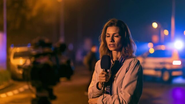 Television reporter at night crime scene, breaking news, media coverage