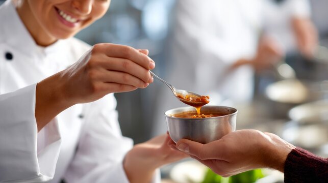 Chef serving hot stew or soup to person in need, supporting community food distribution and charity initiatives
