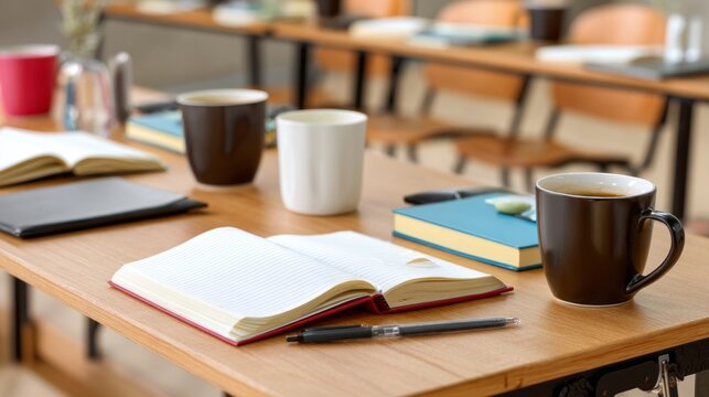 Seminar room setup ready for a workshop with notebooks, pens, and coffee mugs on a wooden desk