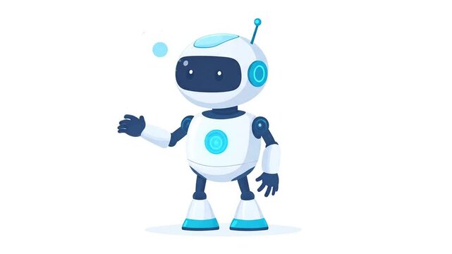 Friendly White and Blue Robot Character Making Welcoming Gesture, Futuristic Technology, Isolated White Background