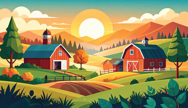 Red Barns in Rural Landscape Scene.
